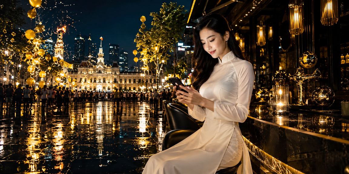 Cô gái mặc áo dài tại TP.HCM xem kèo bóng đá trên điện thoại di động